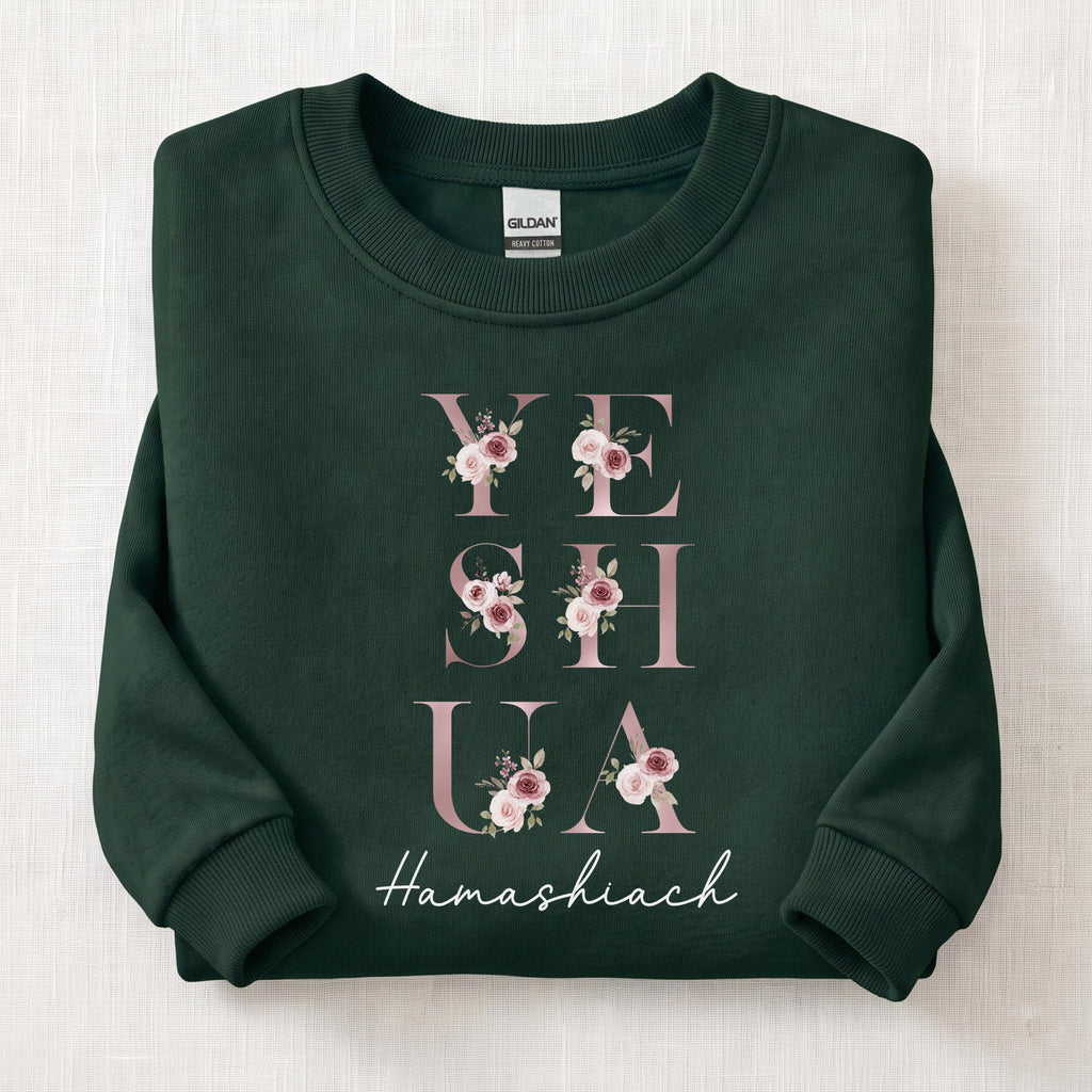 Yeshua Hamashiach Floral Sweatshirt — Forest Green